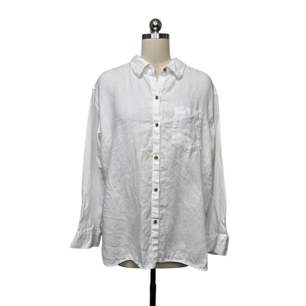 Athleta Womens White Linen Long Sleeve Button Down Shirt Large Relaxed Fit